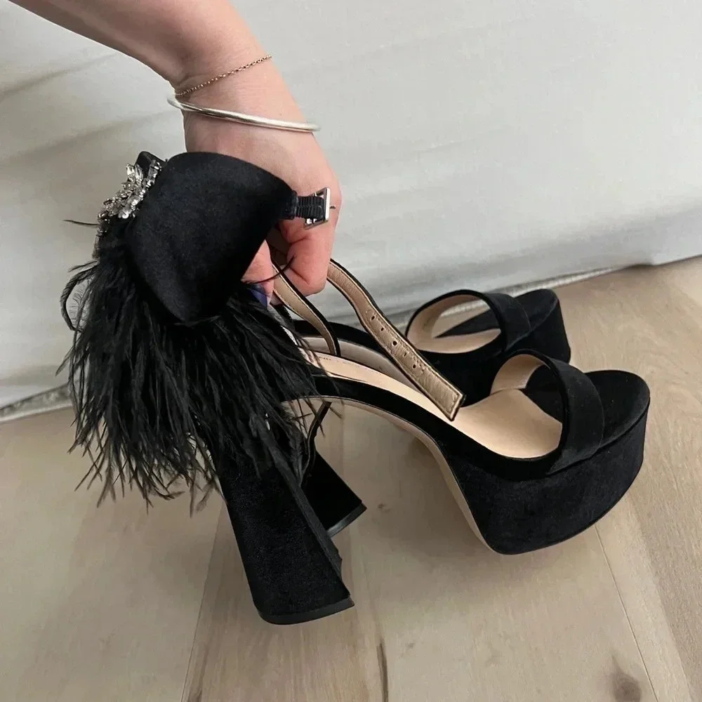 Antonio Melani Heels Bow Velvet Black Rhinestones feathers platform Janie